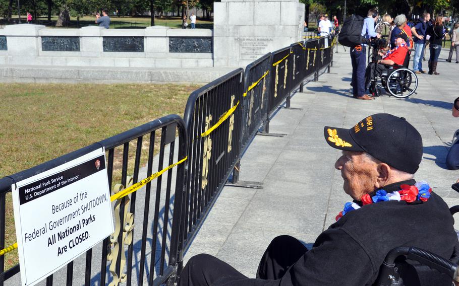 World War veterans on an October 1, 2013 Honor Flight from Mississippi were confronted with barricades at the National World War II Memorial, which was closed due to the government shutdown.