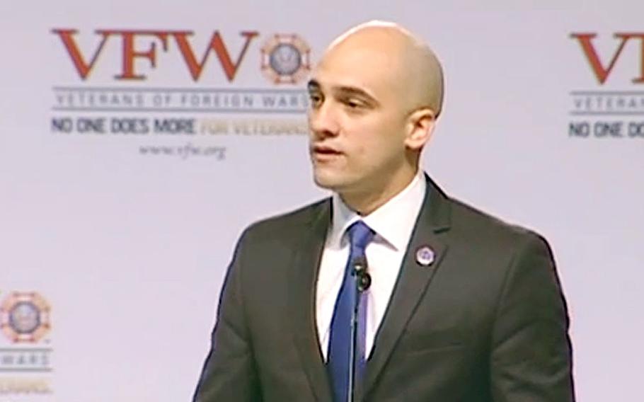 A YouTube video screen grab shows Michael Dakduk, the Student Veterans of America executive director speaking in Louisville, Ky., on Aug. 4, 2013.