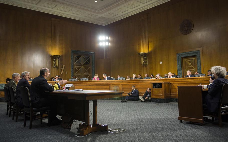 Chief of Naval Operations Adm. Jonathan Greenert testifies with Secretary of the Navy Ray Mabus and Commandant of the Marine Corps Gen. James Amos before the Senate Armed Services Committee on April 25, 2013.