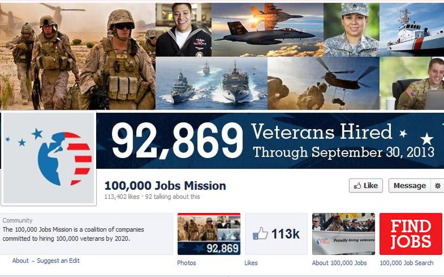 A screen grab of the Facebook page for the 100,000 Jobs Mission shows their latest tally of 92,869 veterans hired, as of Sept. 30, 2013.