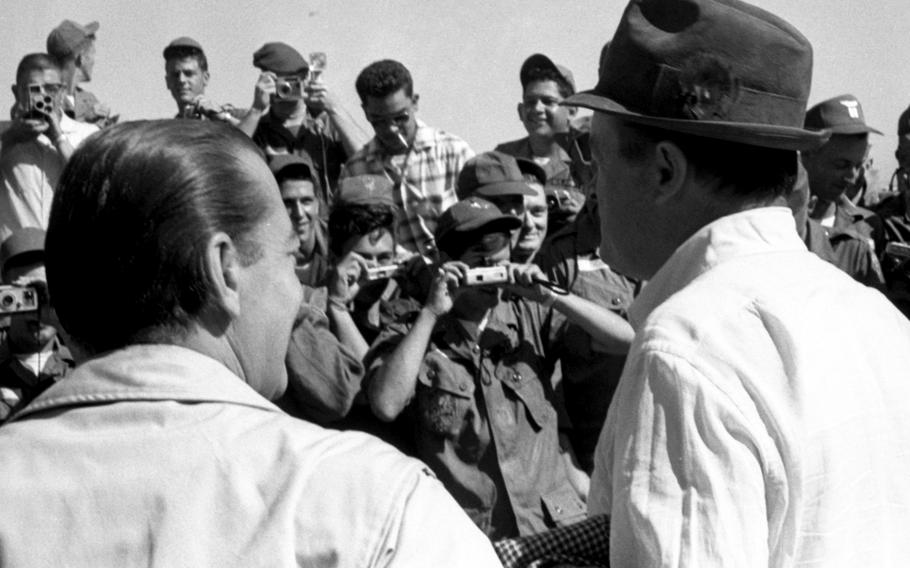 Bob Hope and Jerry Colonna pose for pictures after arriving at Vinh Long.