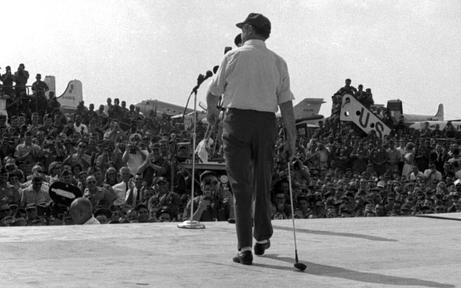 Bob Hope takes the stage at Tan Son Nhut Airport.