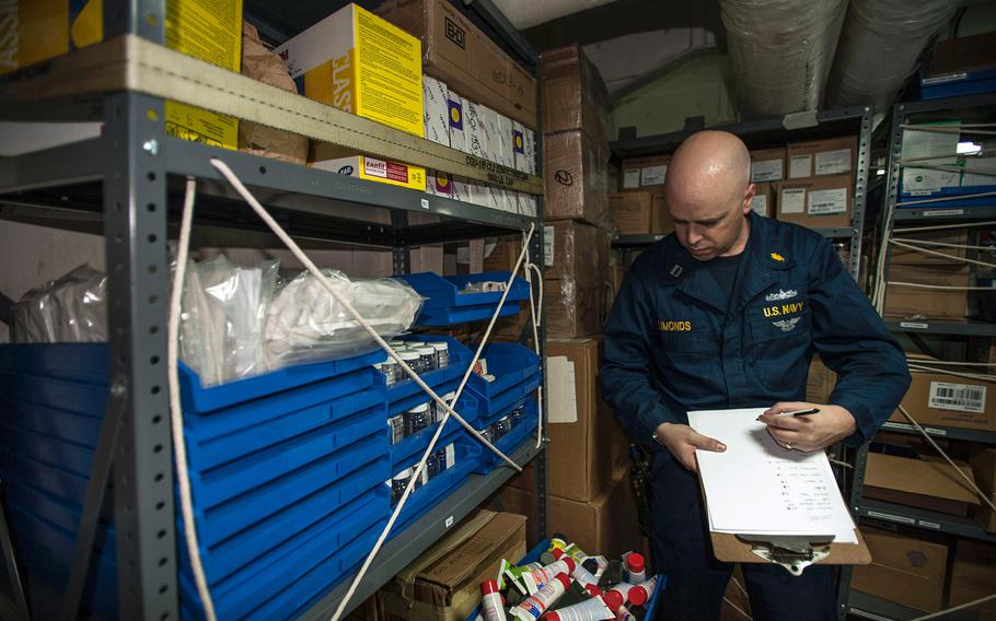 Lt. Wayne Simonds, medical administration officer aboard USS George Washington, inventories available medical supplies in the ship's medical supply storage room as the aircraft carrier was en route to the Philippines on Nov. 13, 2013.