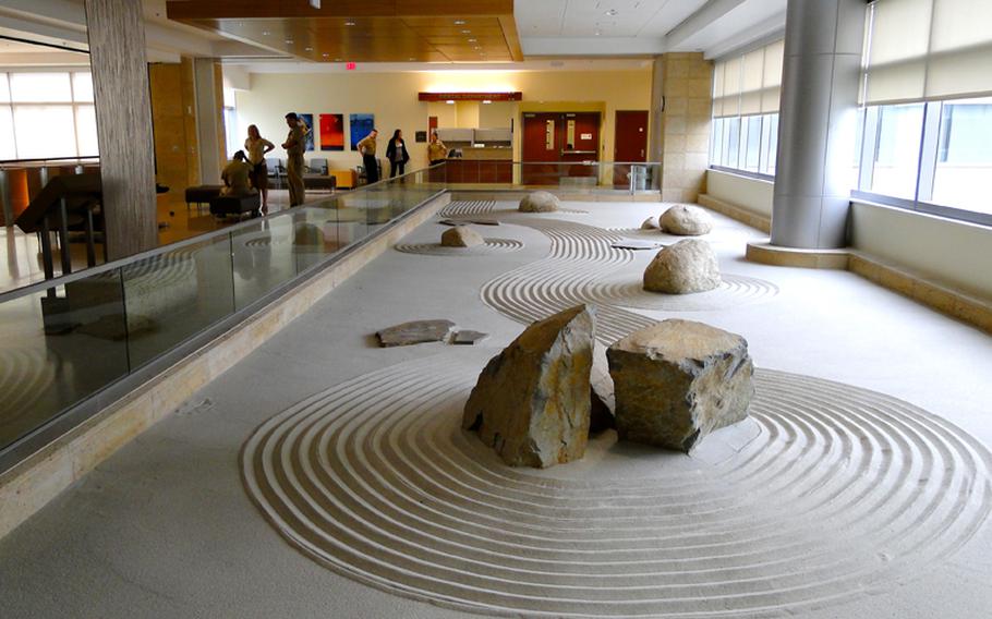 The hospital's Zen garden, on the 4th floor, is one of many design features included in the new Camp Pendleton hospital in an effort to create a calming environment.