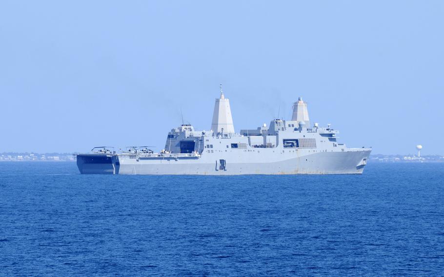 The amphibious transport dock ship USS San Antonio (LPD 17) conducts operations during Bold Alligator 2012 in the Atlantic Ocean Feb. 4, 2012.