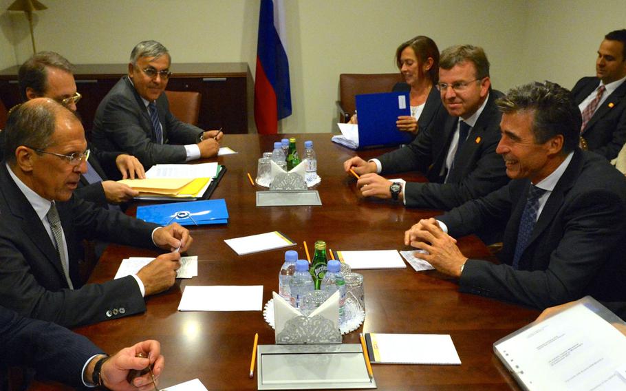 NATO Secretary General Anders Fogh Rasmussen and Russian Foreign Minister Sergey Lavrov are in a bilateral meeting at the United Nations General Assembly in New York on September 24, 2013. Russia and NATO agreed Wednesday to work together to destroy thousands of outdated Cold War-era munitions in Russia’s Kaliningrad region. 