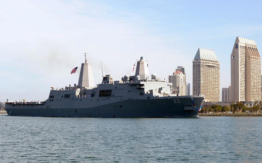 The amphibious transport dock ship USS Green Bay returns to Naval Base San Diego in May 2013. The ship will replace USS Denver, the oldest modern-era ship in the active fleet, in 2015.