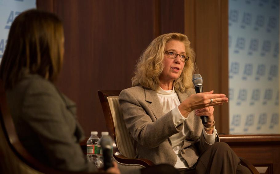 Acting Deputy Defense Secretary Christine H. Fox delivers remarks on the Defense Department's budget priorities at the American Enterprise Institute in Washington, D.C., Feb. 26, 2014.