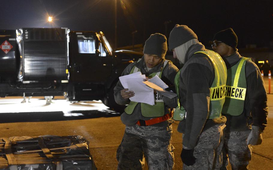 Airmen inspect and evaluate the size and weight of a cargo during the Samurai Readiness Inspection at Yokota Air Base, Japan, March 4, 2014. The readiness inspection is designed to help Yokota Airmen hone their skills through a series of training scenarios, events and exercises. 
