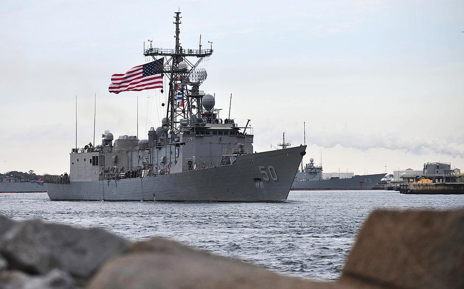 The guided-missile frigate USS Taylor departs Naval Station Mayport for a seven-month deployment to the U.S. 5th and 6th Fleet areas of responsibility Jan. 8, 2014.