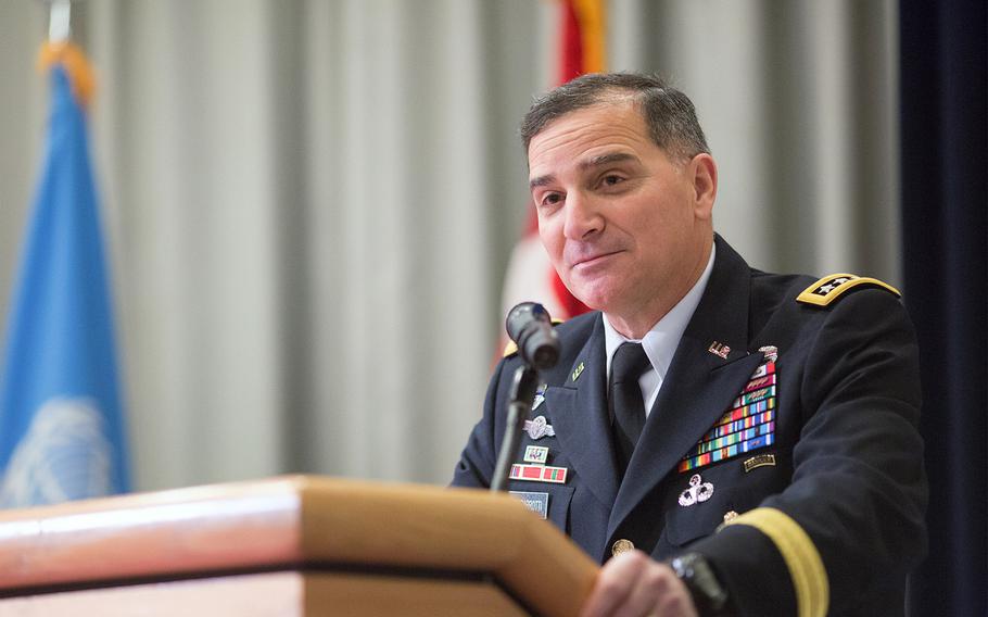 U.S. Army Gen. Curtis Scaparrotti, commander of the United Nations Command, Combined Forces Command, and U.S. Forces Korea, speaks at Yokota Air Base, Japan, on Jan. 28, 2014.
