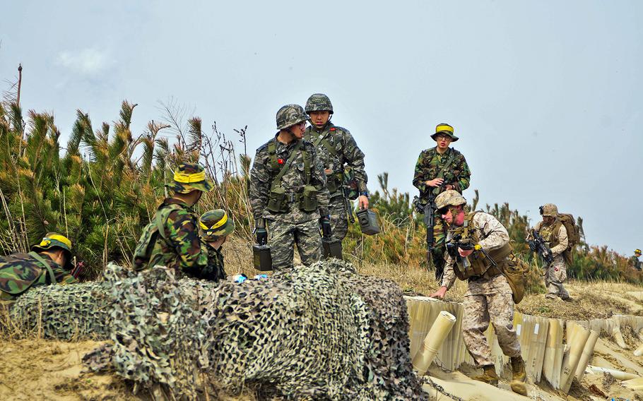 U.S. Marines with 2nd Battalion, 3rd Marines, 4th Marine Regiment train beside Republic of Korea Marines during an amphibious assault during Exercise Ssang Yong 14 at Doksu-Ri, Pohang, South Korea, on March 31, 2014.