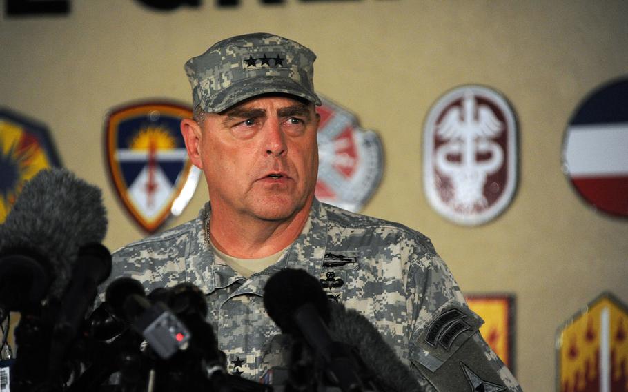 Lt. Gen. Mark Milley updates media representatives on Wednesday, April 2, 2014, on the Fort Hood shooting incident that took place earlier in the day.