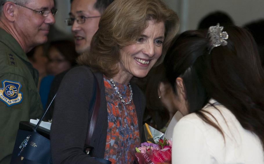 U.S. Ambassador to Japan Caroline Kennedy interacts with members of the Yokota Air Base, Japan community at the Yokota AB Enlisted Club on April 4, 2014.