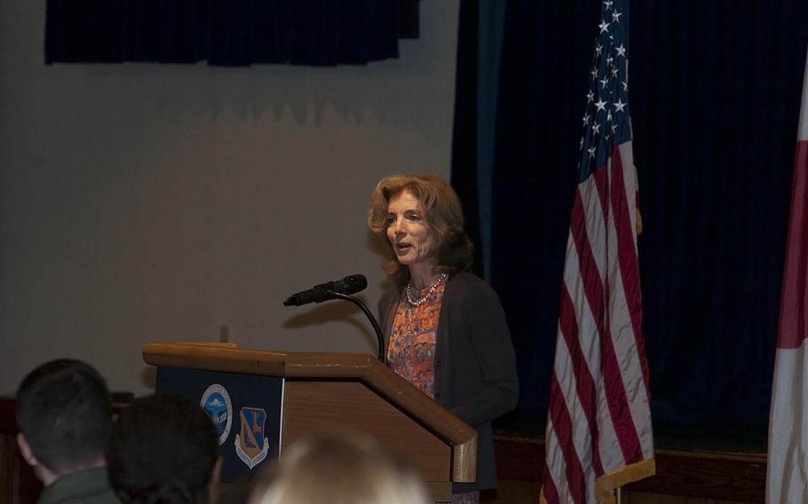 Caroline Kennedy, U.S. ambassador to Japan, speaks to a crowd of servicemembers and distinguished guests at the Yokota Air Base Enlisted Club on April 4, 2014.