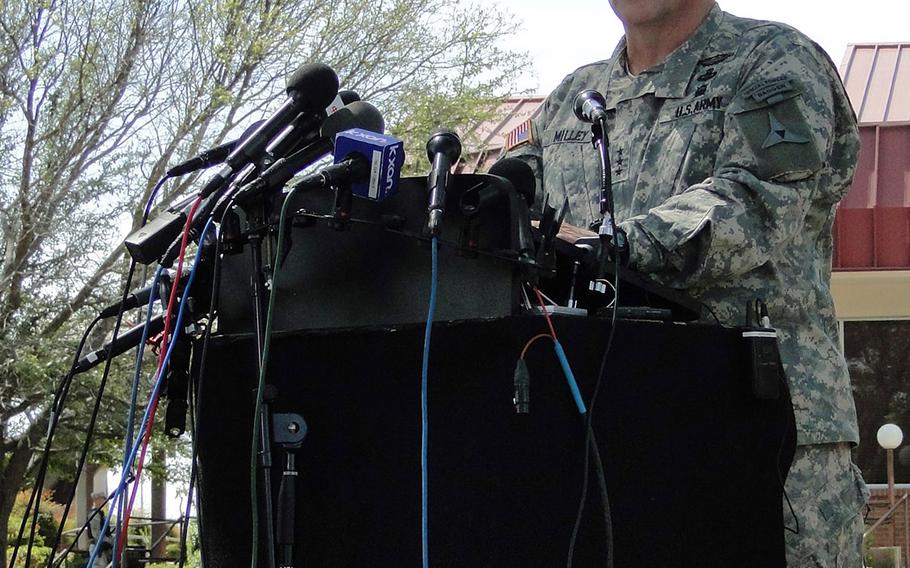 Lt. Gen. Mark Milley, commander of III Corps and Fort Hood, gives a statement Friday at a news conference about the shooting on post that left four soldiers dead and wounded 16 others. 