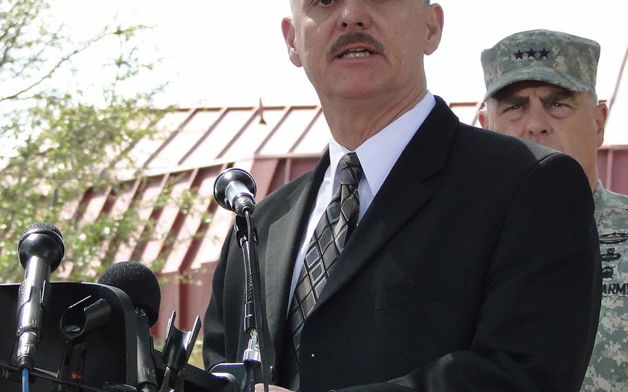 Chris Grey, spokesman for the Army's Criminal Investigation Command, explains some of the details of the Wednesday mass shooting at Fort Hood, during a press conference Friday afternoon at the post. 