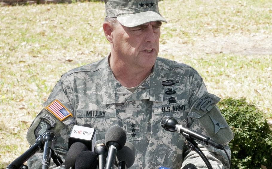 Lt. Gen. Mark A. Milley, III Corps and Fort Hood commanding general, addresses the media during a press conference at Fort Hood, Texas, April 4, 2014.