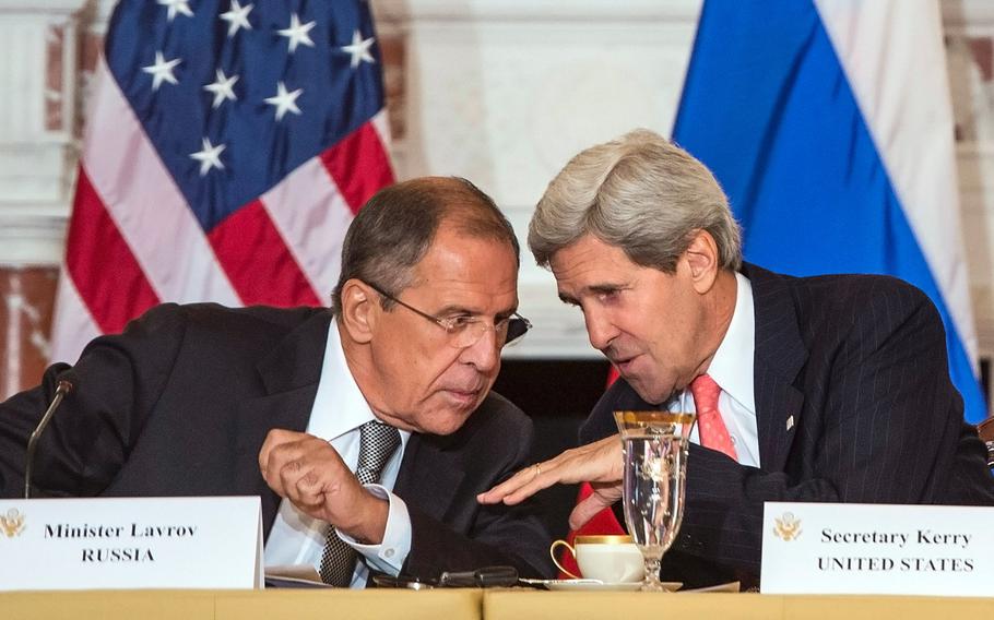 Secretary of State John Kerry, right, confers with Russian Foreign Minister Sergey Lavrov during a meeting at the Department of State in Washington, D.C., on Aug. 9, 2013. On Monday April 7, 2014, Kerry told Lavrov that events in the Ukraine appeared to be a carefully orchestrated campaign with Russian support.