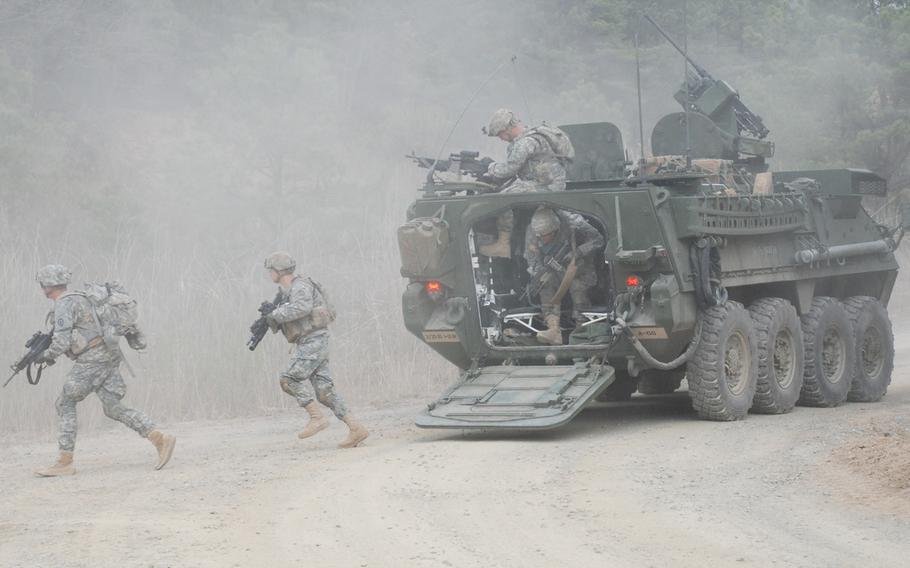Soldiers in Korea conduct live fire training with their Stryker during Foal Eagle 2012 at Rodriguez Range, April 19, 2012.