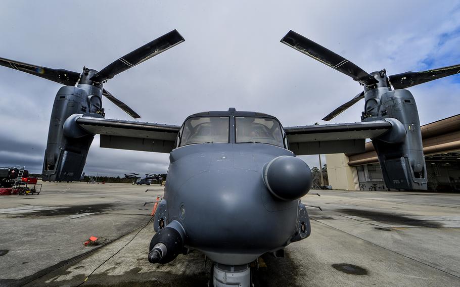 A CV-22 Osprey is parked on the flightline on Hurlburt Field, Fla., March 6, 2014.