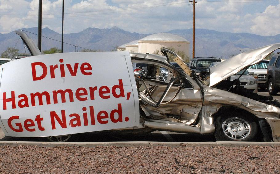 At an Air Force base in Arizona, one squadron's campaign to bring awareness to the effects of drunk driving features a smashed up car with a sign declaring if you "drive hammered,' you'll "get nailed." At RAF Mildenhall, the base is fighting what one official called a “very disturbing” surge in drinking-and-driving incidents.