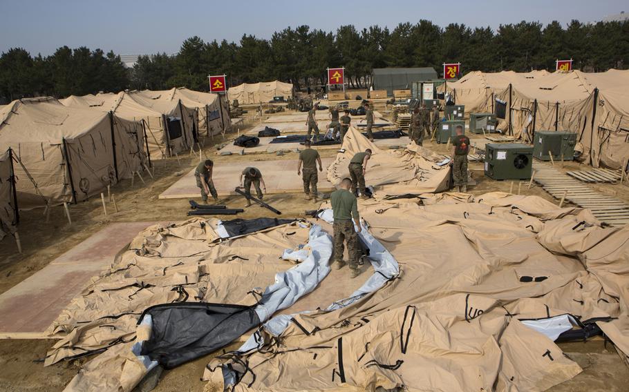 U.S. Marines supporting Marine Expeditionary Force Exercise (MEFEX) 2014 take down billeting tents at 1st Republic of Korea (ROK) Marine Corps Base, Pohang, South Korea, March 24, 2014. 