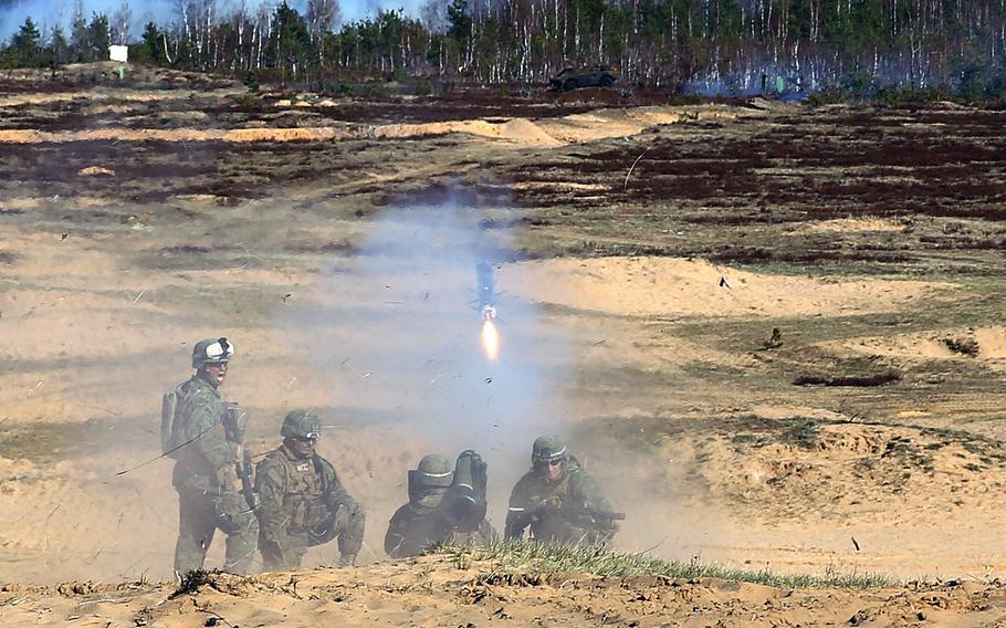 Marines with 3rd Battalion, 8th Marine Regiment, 2nd Marine Division fire a Javelin missile during a live-fire exercise involving U.S., Latvian and Estonian servicemembers during Exercise Summer Shield at a range near Camp Adazi, Latvia, on April 15, 2014.
