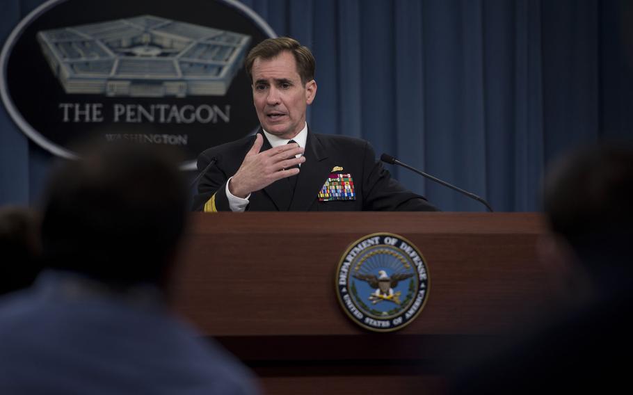 Admiral John Kirby briefs the press at the Pentagon April 22, 2014. Kirby answered questions regarding upcoming joint exercises between the U.S. and Poland as well as addressing Secretary Chuck Hagel's upcoming trip to Mexico and Guatemala. 
                