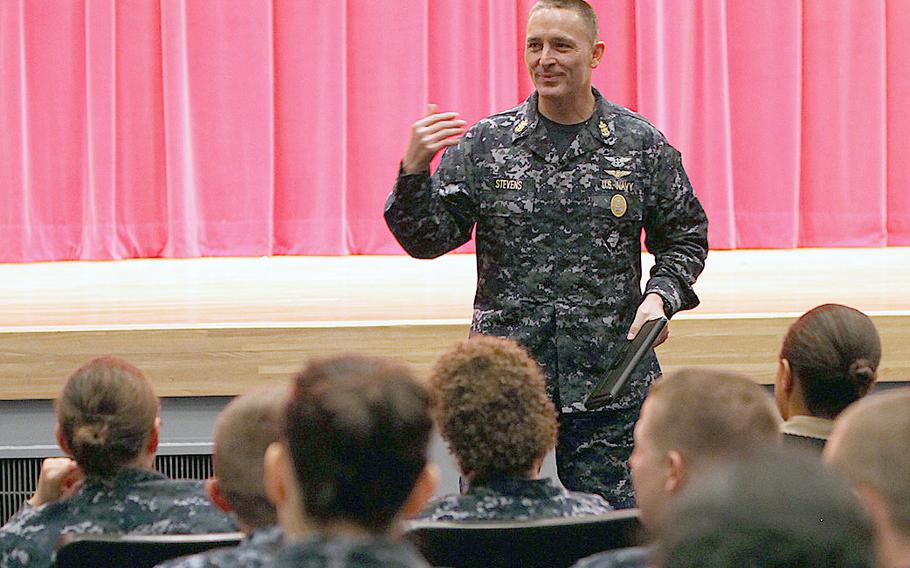 Master Chief Petty Officer of the Navy Michael D. Stevens speaks to sailors at an all-hands call at Yokosuka Naval Base, Japan, on April 23, 2014.