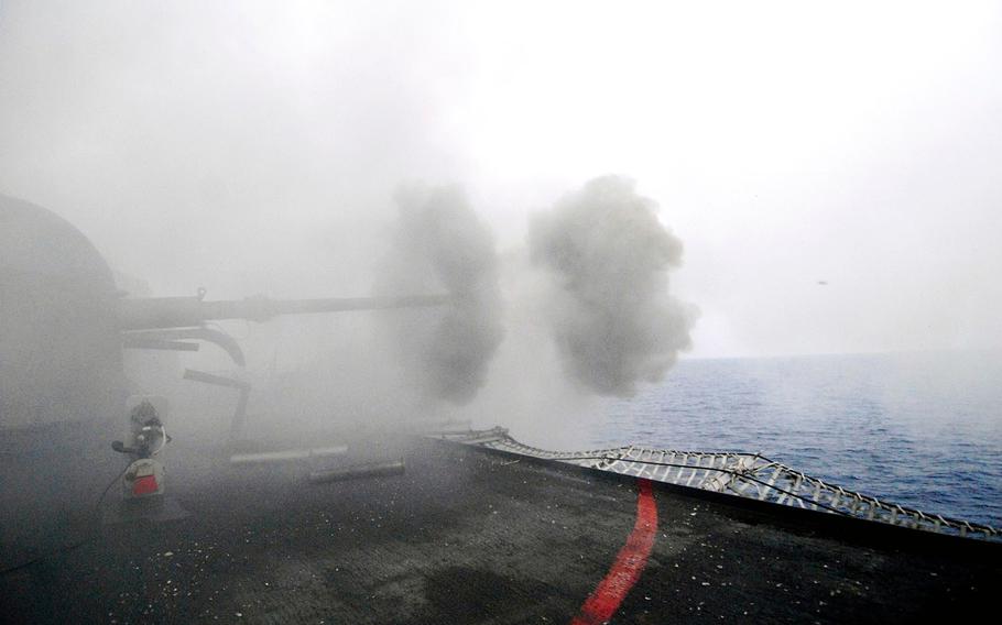 Sailors aboard The USS Taylor conduct a live fire exercise with the ship's MK-75 76mm gun during a patrol in the Mediterranean Sea on June 15, 2010. The guided missile frigate entered the Black Sea on Tuesday, April 22, 2014, to promote peace and stability in the region, the Navy said.