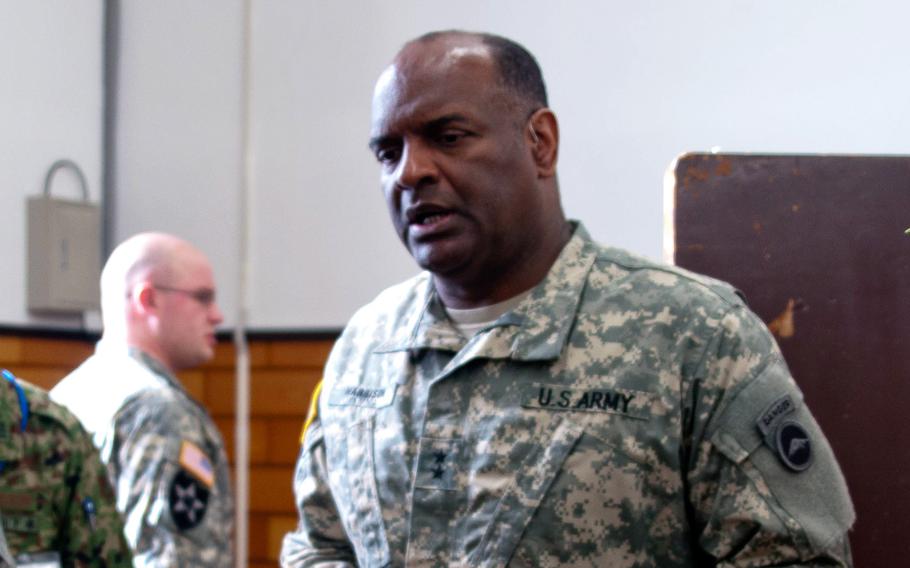 U.S. Army Maj. Gen. Michael Harrison, the commander of U.S. Army Japan and I Corps (Forward), speaks during the Sapporo Epicenter humanitarian assistance and disaster relief exercise held at Camp Sapporo, Japan, Jan. 24, 2013.