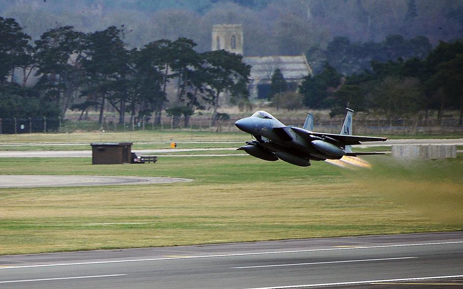 An F-15C Eagle from the 493rd Fighter Squadron takes off from Royal Air Force Lakenheath, England, March 6, 2014.