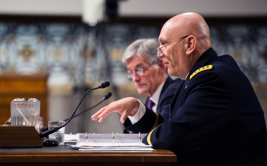 U.S. Army Chief of Staff Gen. Ray Odierno along with Secretary of the Army John McHugh testify to the U.S. Senate Committee on Armed Services on the posture of the Department of the Army at Capitol Hill in Washington, April 3, 2014.
