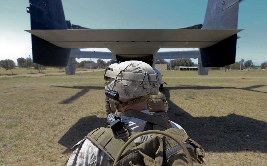 U.S. Marines of Special-Purpose Marine Air-Ground Task Force Crisis Response board an MV-22B tiltrotor Osprey from Tifnit Military Instillation, Morocco, on April 3, 2014 during exercise Africa Lion 14. A team of crisis response Marines has moved from Spain to a U.S. base in southern Italy May 13, 2014 in response to new security concerns in northern Africa.