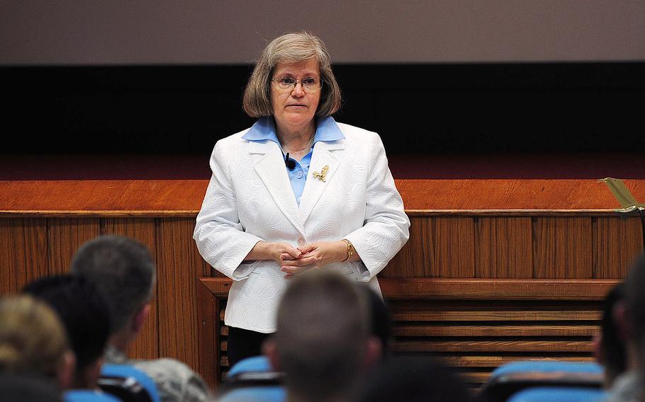 Holly Petraeus, head of the Office of Service Member Affairs at the Consumer Financial Protection Bureau, counsels Airmen on finances May 13, 2014, at Incirlik Air Base, Turkey.