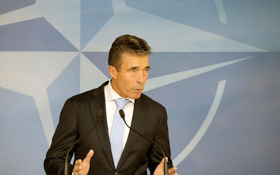 NATO Secretary General Anders Fogh Rasmussen gives a statement during a defense ministers meeting in Brussels on June 3, 2014.