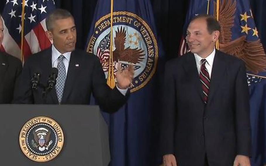 President Barack Obama nominates former Procter and Gamble executive Robert McDonald as the next Veterans Affairs secretary as he makes a statement to reporters at the Department of Veterans Affairs in Washington, Monday, June 30, 2014.