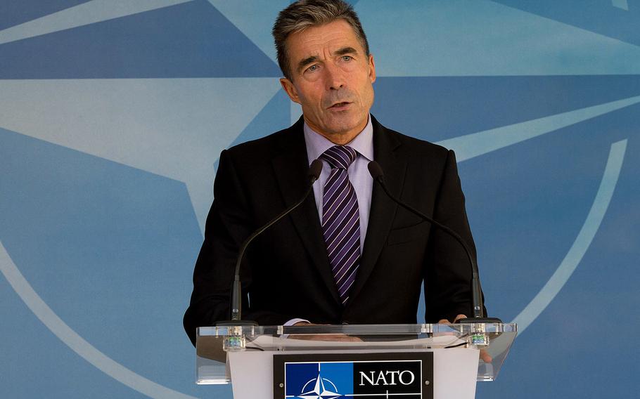 NATO Secretary General Anders Fogh Rasmussen speaks after a meeting of the NATO-Ukraine Commission in Brussels on Friday, Aug. 29, 2014.