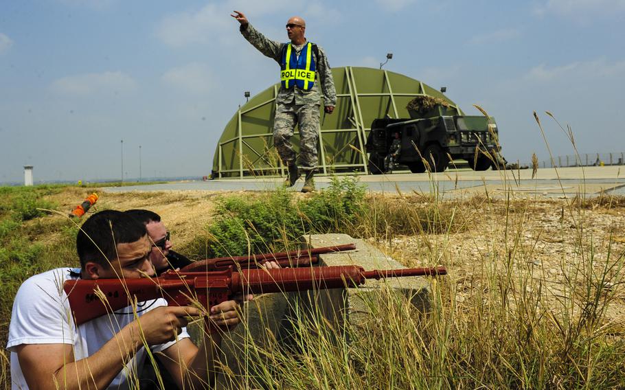 Airmen participate in a simulated base attack during a local readiness exercise Aug. 28, 2014, Incirlik Air Base, Turkey.