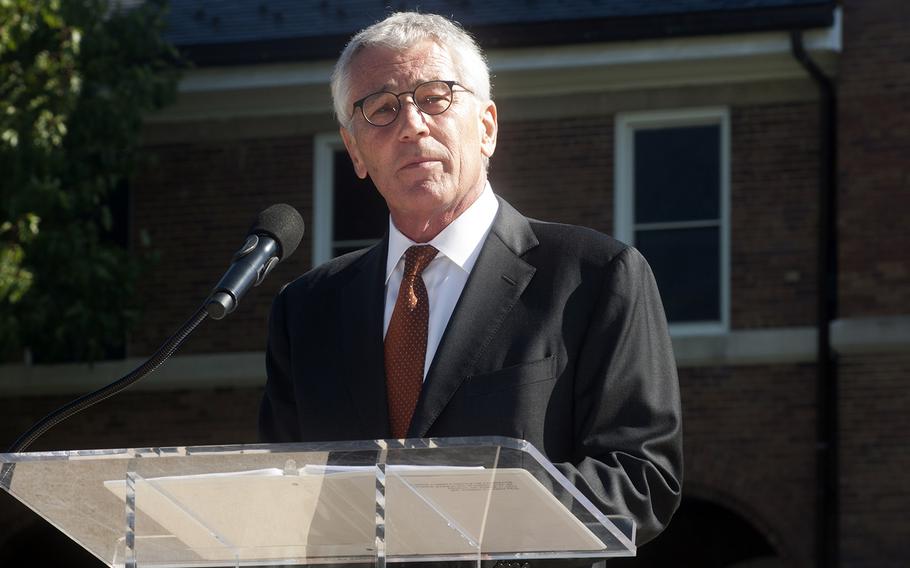 Defense Secretary Chuck Hagel speaks at the Passage of Command ceremony at the Marine Barracks on Oct. 17, 2014.