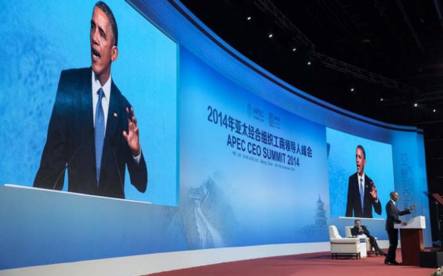 President Barack Obama delivers remarks during the APEC CEO Summit at the Chinese National Convention Center in Beijing, China, on Nov. 10, 2014.