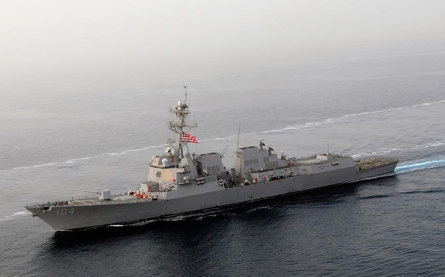 The guided-missile destroyer USS Sterett transits the Arabian Sea on April 22, 2012.