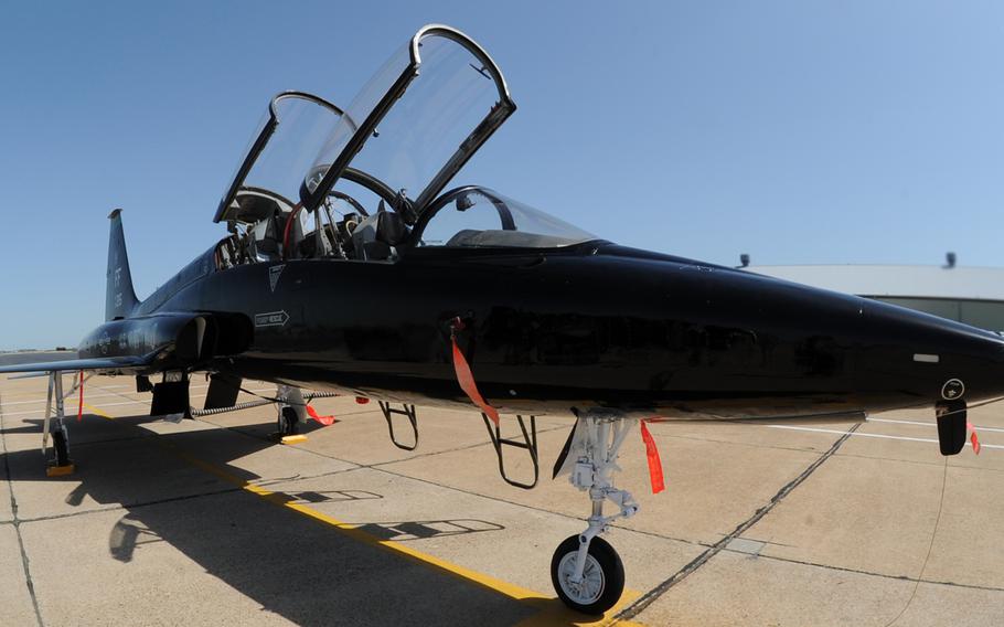 A T-38 Talon sits on the runway at Langley Air Force Base. A similar plane from Laughlin Air Force Base crashed on Monday, prompting base officials to ground aircraft through the Thanksgiving weekend.