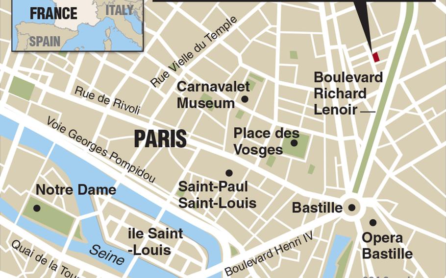 Locator map of the Charlie Hebdo magazine office in Paris, where gunmen went on rampage.