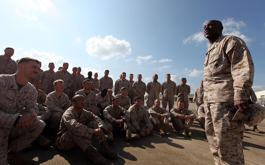 Sgt. Maj. Ronald L. Green speaks to a group of Marines and sailors in Italy on Oct. 29, 2011. The Marine Corps announced Tuesday, Jan. 20, 2015, that Green has been tapped to be the next sergeant major of the Marine Corps.