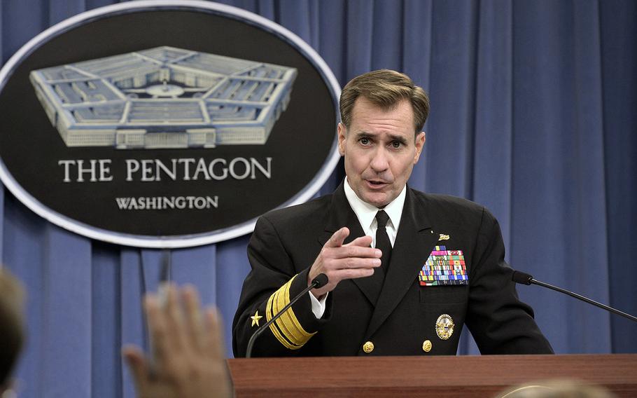 Rear Adm. John Kirby, the Pentagon press secretary, answers questions at the Pentagon on Oct. 3, 2014. Kirby said Friday, Jan. 23, 2015, that fewer than 100 U.S. troops will arrive in several Middle East countries in the “coming days” to survey training sites where moderate Syrian rebels will be taught to fight radical groups within Syria.