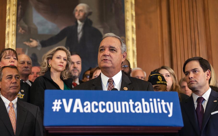 Rep. Jeff Miller, Chairman of the House Veterans Affairs Committee, holds a sign on April 3, 2014, stressing the need for more accountability at the VA. At a committee hearing on Wednesday, Jan. 28, 2015, an official with the Congressional Budget Office accused the VA of withholding information crucial to overseeing the VA’s ailing health care system.