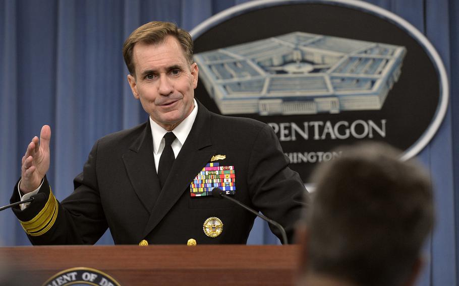 Pentagon Press Secretary Rear Adm. John Kirby meets with the press in the Pentagon briefing room, Feb. 3, 2015.