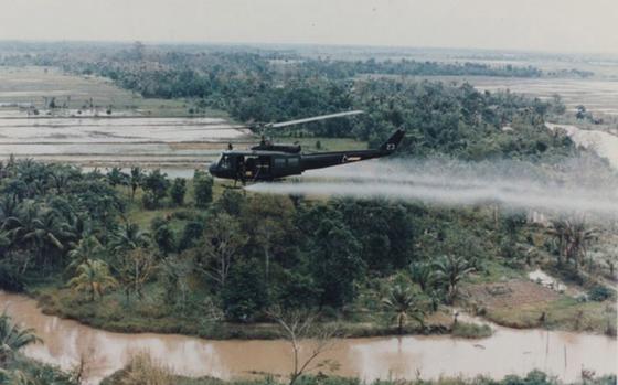 24p cs
U.S. Army
A U.S. military helicopter sprays Agent Orange over Vietnam in this undated photo from the war.